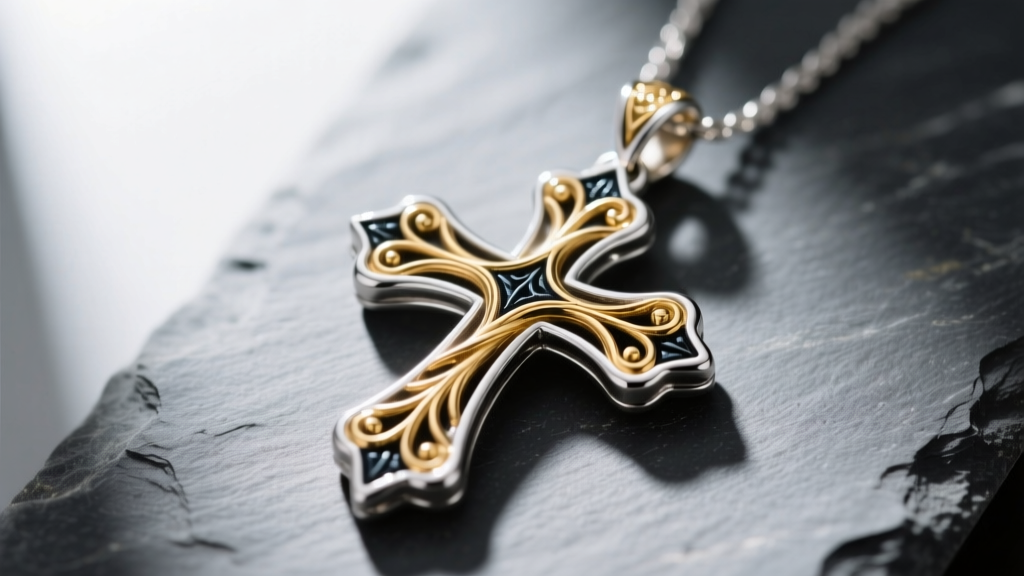 Close-up of a Konstantino silver and 18k gold cross pendant on slate, showing intricate scrollwork and oxidized accents.