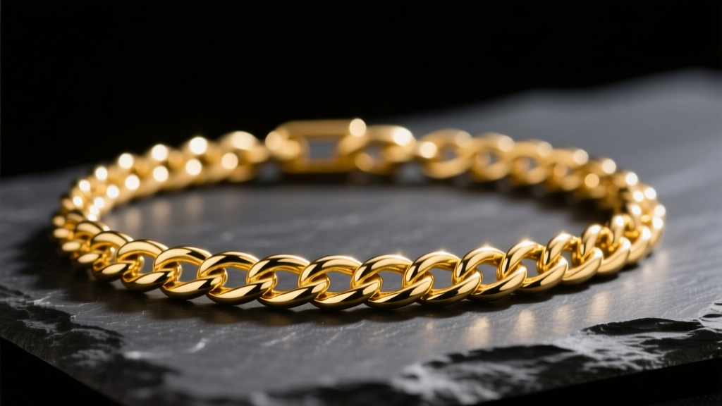 Close-up of a glowing 14k yellow gold rope chain resting on a dark slate surface, illuminated by soft, warm directional lighting.