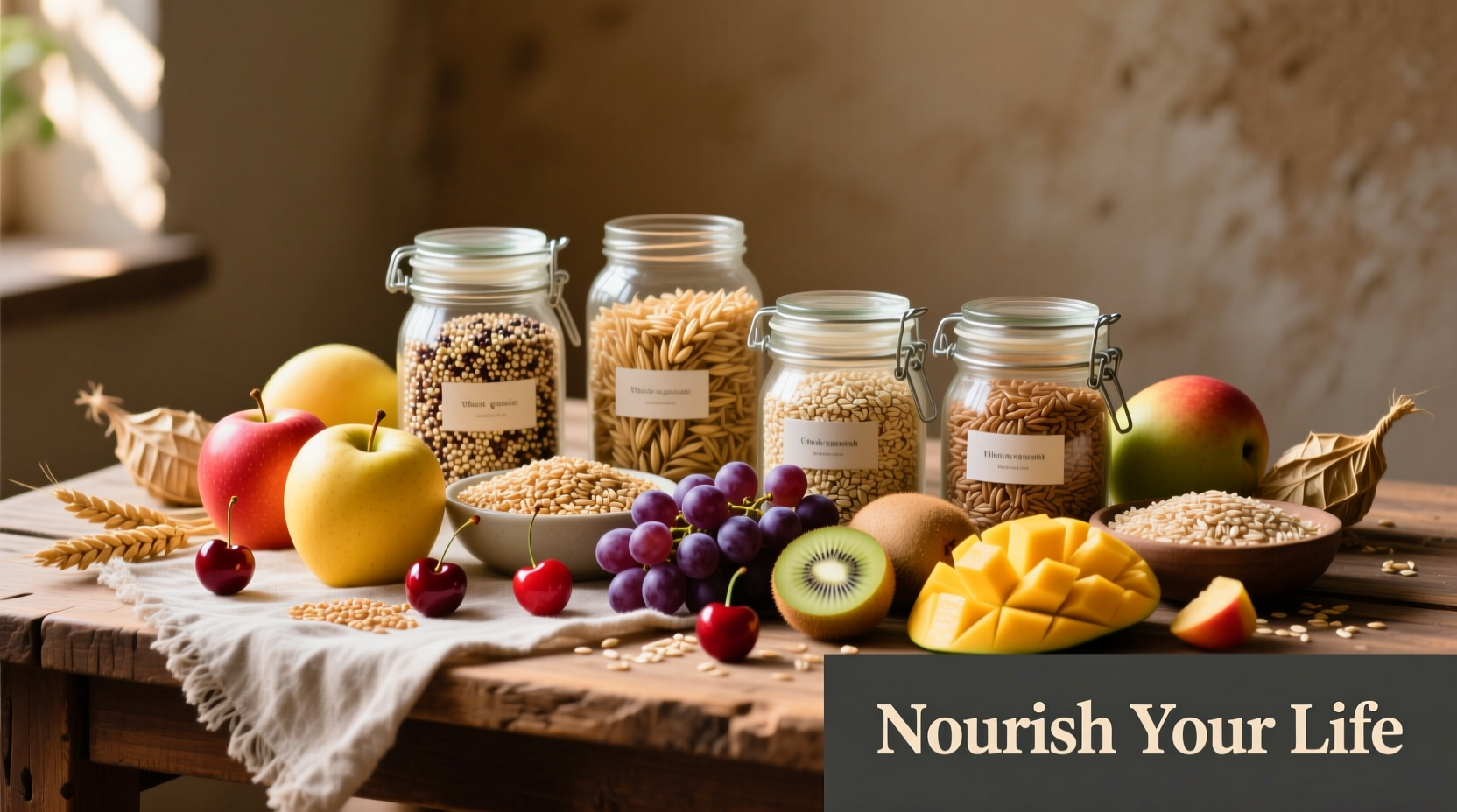Colorful assortment of whole grain foods and fresh fruits