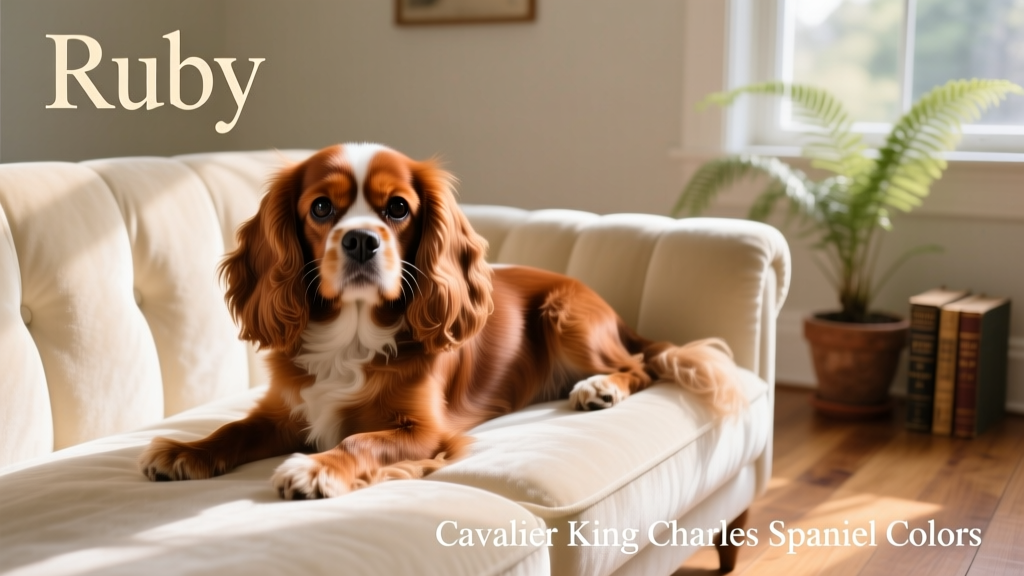 A Ruby Cavalier King Charles Spaniel resting on a cozy sofa, showcasing its uniform rich mahogany coat and soulful eyes
