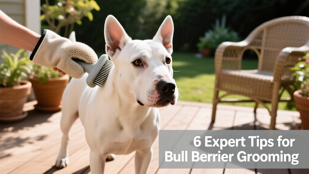 Bull Terrier being brushed with a rubber grooming mitt on a sunny patio