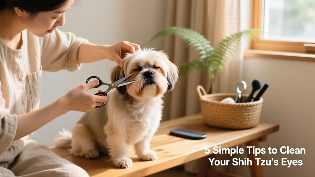 Shih Tzu sitting calmly while owner trims eye-area fur with rounded-tip scissors