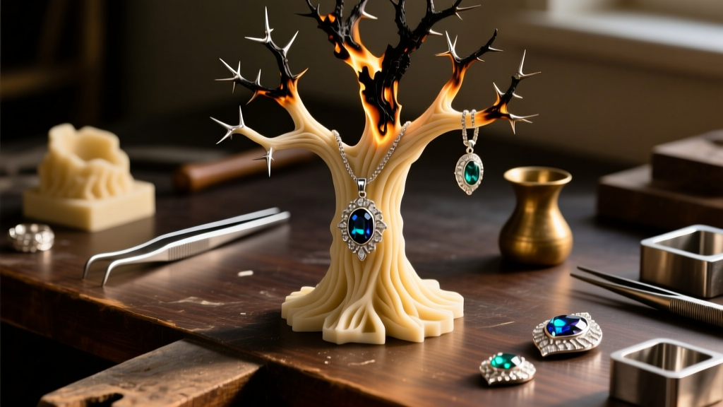 Jeweler workbench showing a burnt-out wax tree with organic thorn pendants ready for silver pouring, lit by warm studio light.