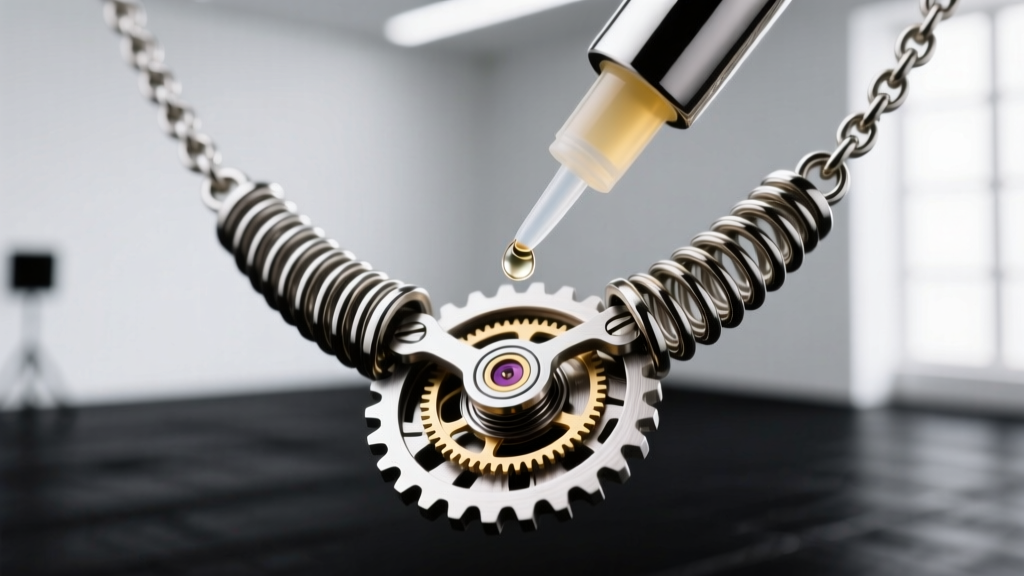 Close-up of a micro-spring inside a monster tab necklace mechanism being lubricated with a precision PTFE applicator tool.