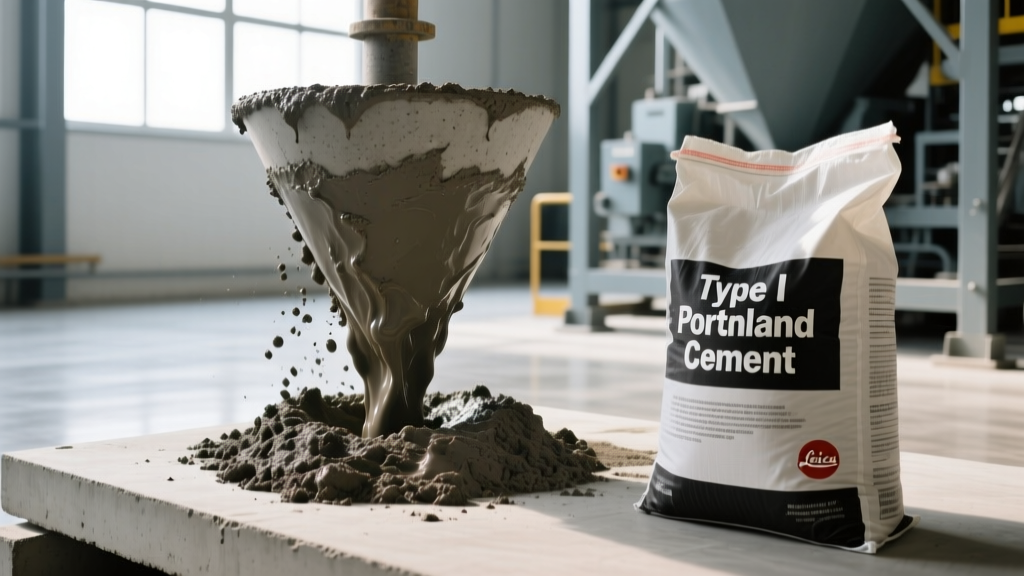 Close-up of a concrete slump test on fresh mix beside a bag of Type I Portland cement at a commercial batch plant