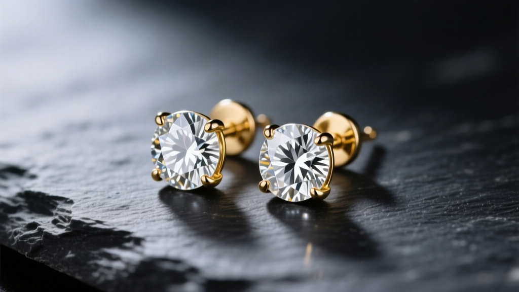 Macro shot of 14k gold diamond stud earrings on dark slate, illuminated by soft directional lighting to highlight gemstone facets