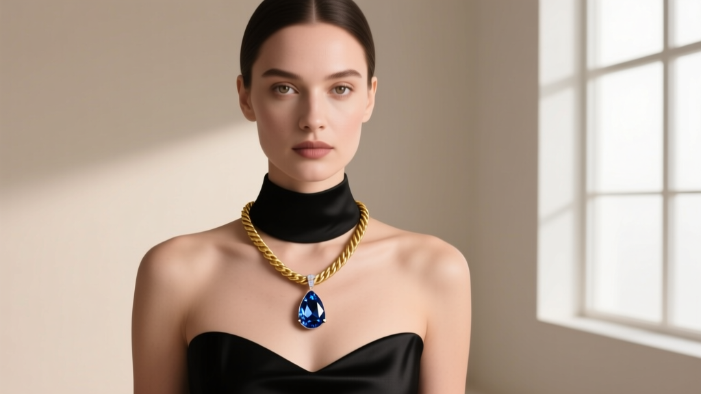 Elegant woman wearing a 20-inch solid gold rope chain with a medium-sized teardrop sapphire pendant resting on her upper chest.