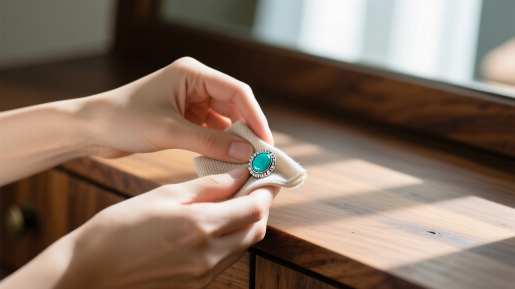 Hands gently wiping a silver and turquoise stud earring with a microfiber cloth on a wooden vanity, soft morning light shining
