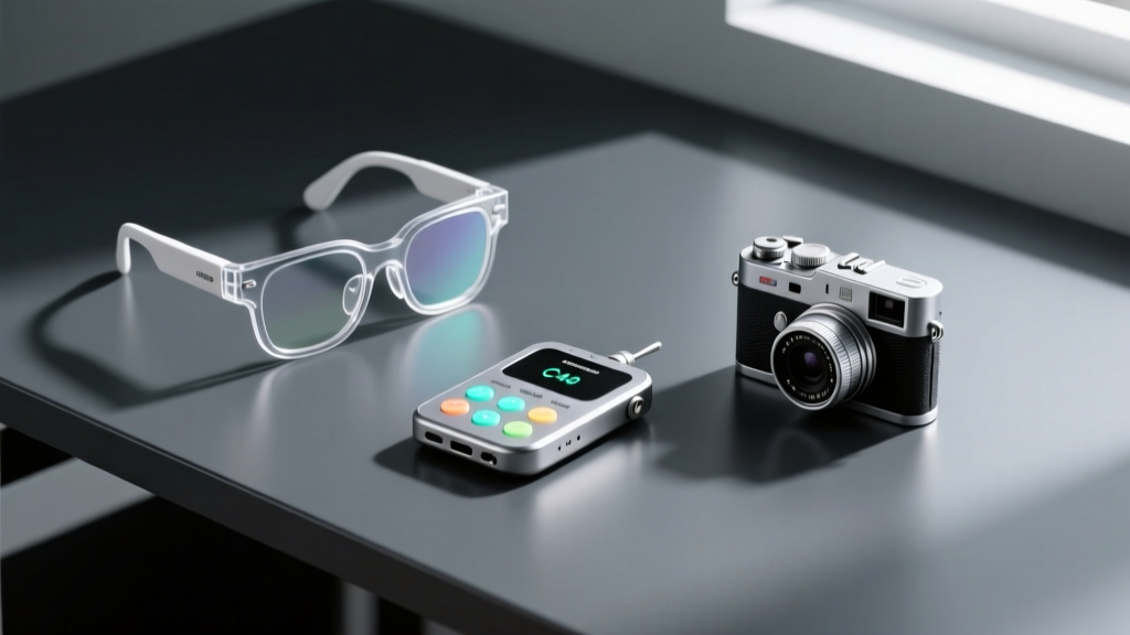 Flat lay of unique teen tech gadgets including smart glasses, a pocket sampler, and a tiny digital camera on a dark matte desk setup