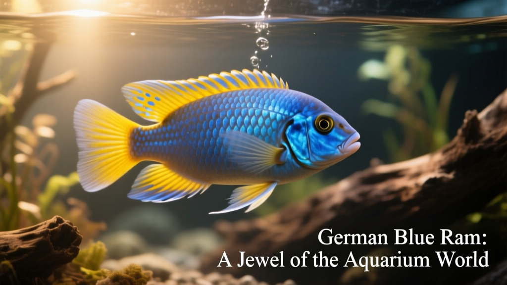 Side view of a German Blue Ram highlighting blue-spotted yellow fins and reflective scale patterning