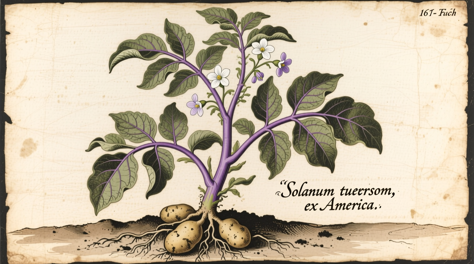 Historical illustration of potato plants in 16th century