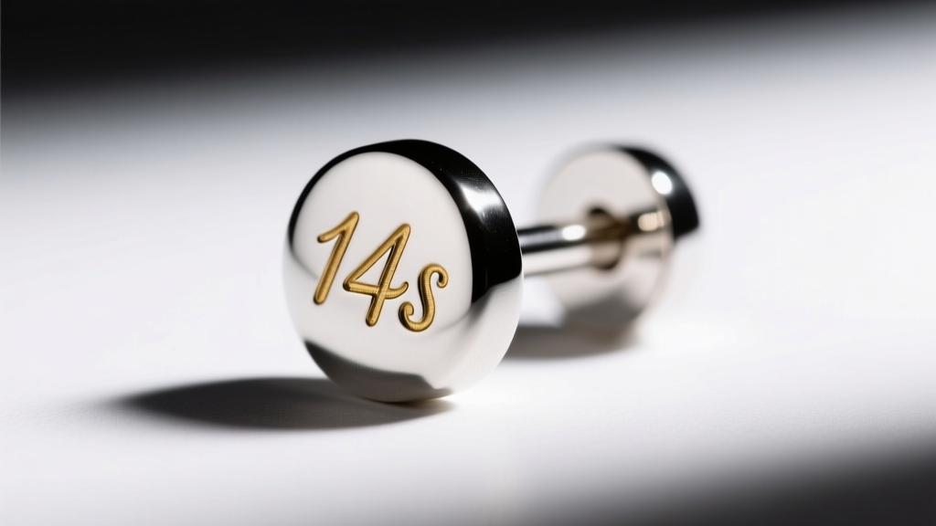 Extreme close-up of a 20-gauge earring post showing the 14K gold hallmark stamp, illuminated by soft directional studio lighting.
