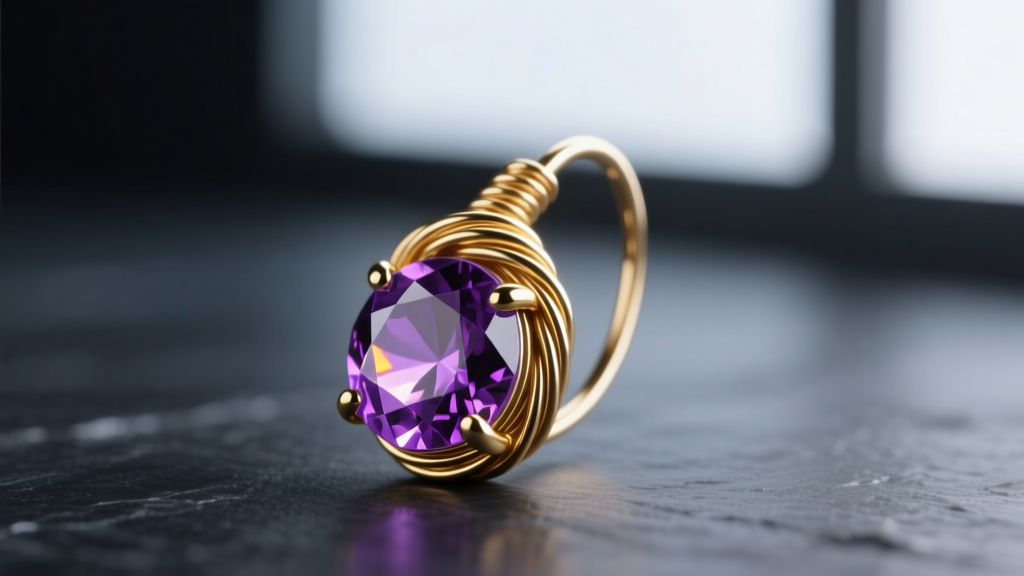 Macro photo of 20-gauge gold-filled wire wrap securing an amethyst briolette earring, studio lit against a dark slate background