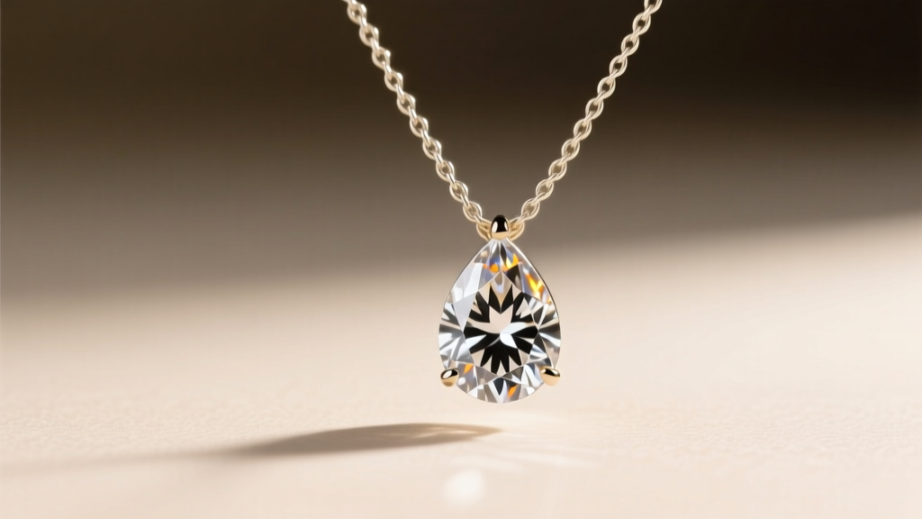 Close-up of a 1.5-carat pear-shaped diamond drop necklace on a delicate 18k white gold cable chain against soft studio lighting
