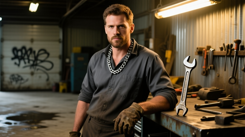 A rugged mechanic wearing a 2mm stainless steel box chain necklace under a dark grey work shirt, lit by warm garage lighting.