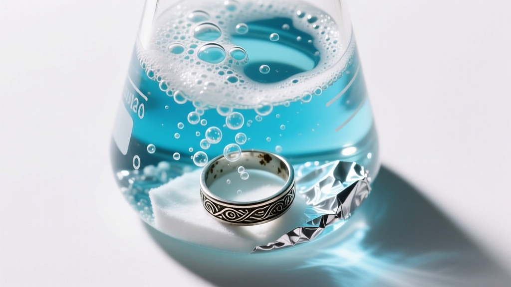 Overhead shot of a beaker with fizzing baking soda and foil solution, a tarnished silver ring submerged in warm studio lighting