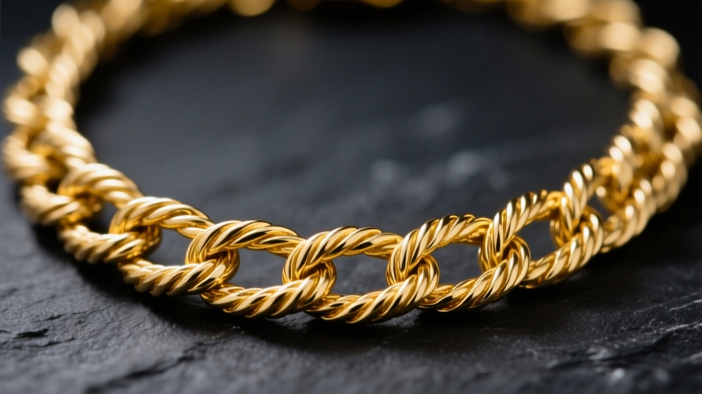 Extreme macro photography of a woven 18k yellow gold rope chain necklace body, highlighting interlocking links against dark slate.