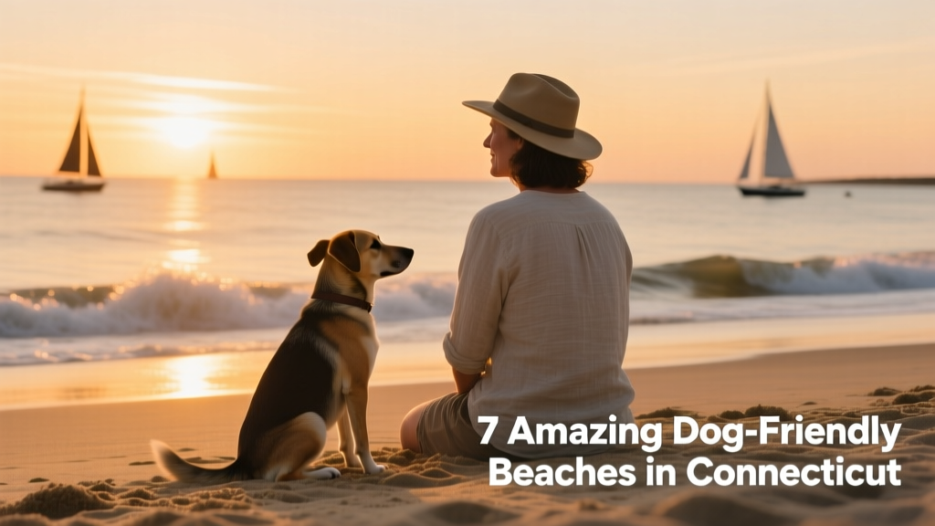 Sunset view over a peaceful Connecticut coastline with a dog sitting calmly beside its owner on the sand