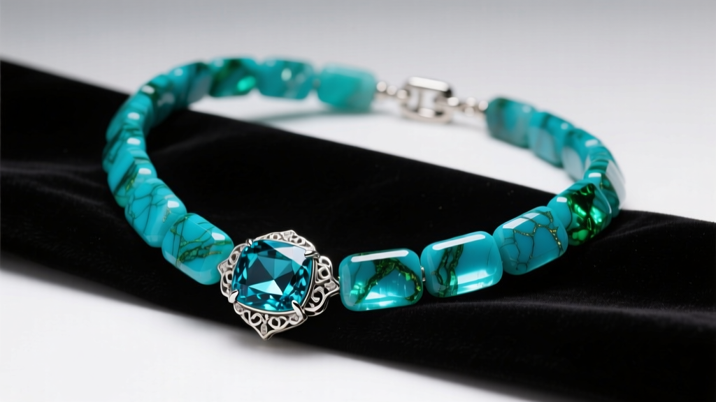 Long chunky turquoise necklace on dark velvet, showing vibrant blue-green matrix and heavy silver clasp under soft studio lighting