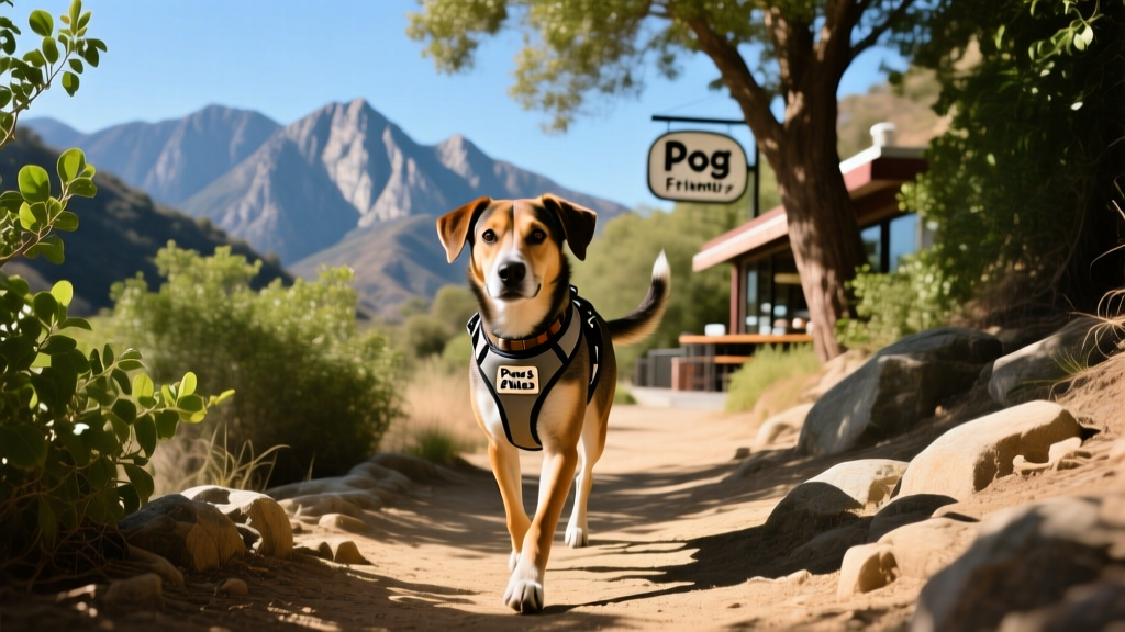 Dog hiking along a shaded canyon trail in Los Angeles, with green foliage and distant mountain views
