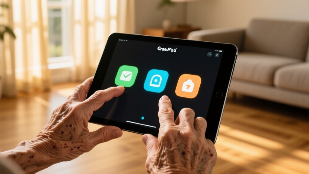 Close-up of wrinkled hands operating a GrandPad tablet interface, showing large high-contrast icons for video calling family in a sunlit room