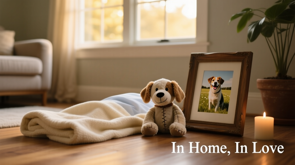 A serene indoor scene with soft blankets, a favorite toy, and a framed photo of a happy dog beside a window