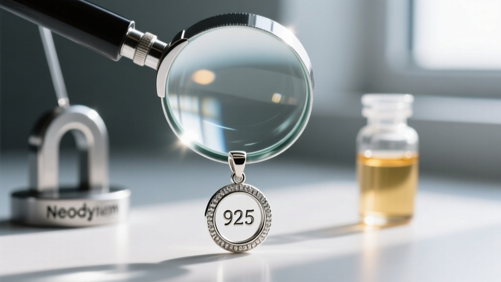 Macro shot of a loupe inspecting a 925 stamp on a silver pendant, with a neodymium magnet and acid bottle blurred in background.