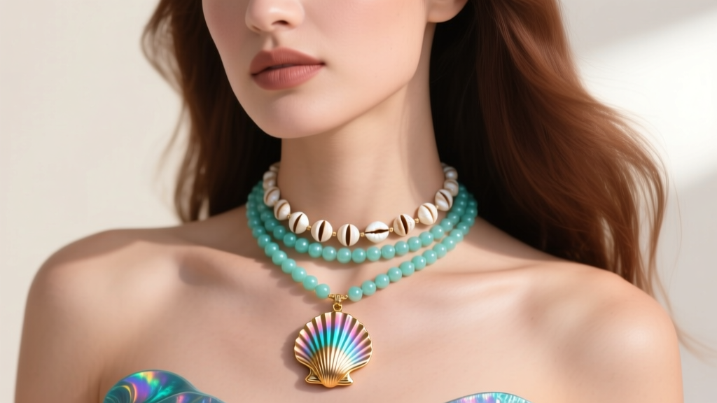 Portrait of a woman wearing a layered mermaidcore necklace set with a puka shell choker and an elongated gold ariel shell pendant.