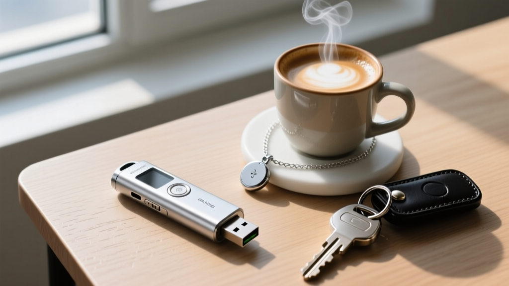 Overhead shot of a silver USB flash drive voice recorder and a smart jewelry panic button necklace arranged next to a cup of coffee and car keys