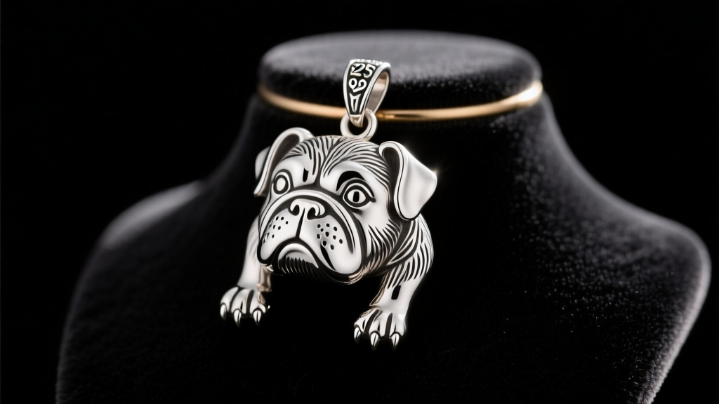 Close-up of a highly detailed 925 sterling silver bulldog pendant resting on a black velvet display bust under warm studio lighting.