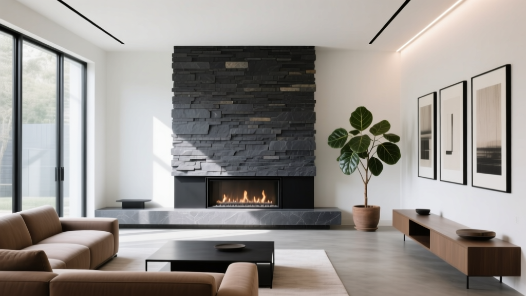 Modern living room featuring a floor-to-ceiling thin stacked stone veneer fireplace surround in dark charcoal slate with a black metal insert