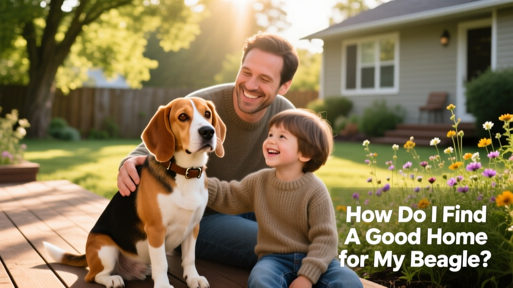 A gentle, friendly beagle sitting beside a smiling adult and child in a sunlit backyard