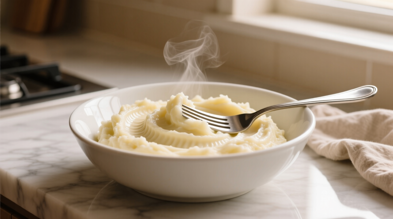Creamy mashed potatoes in white bowl with fork