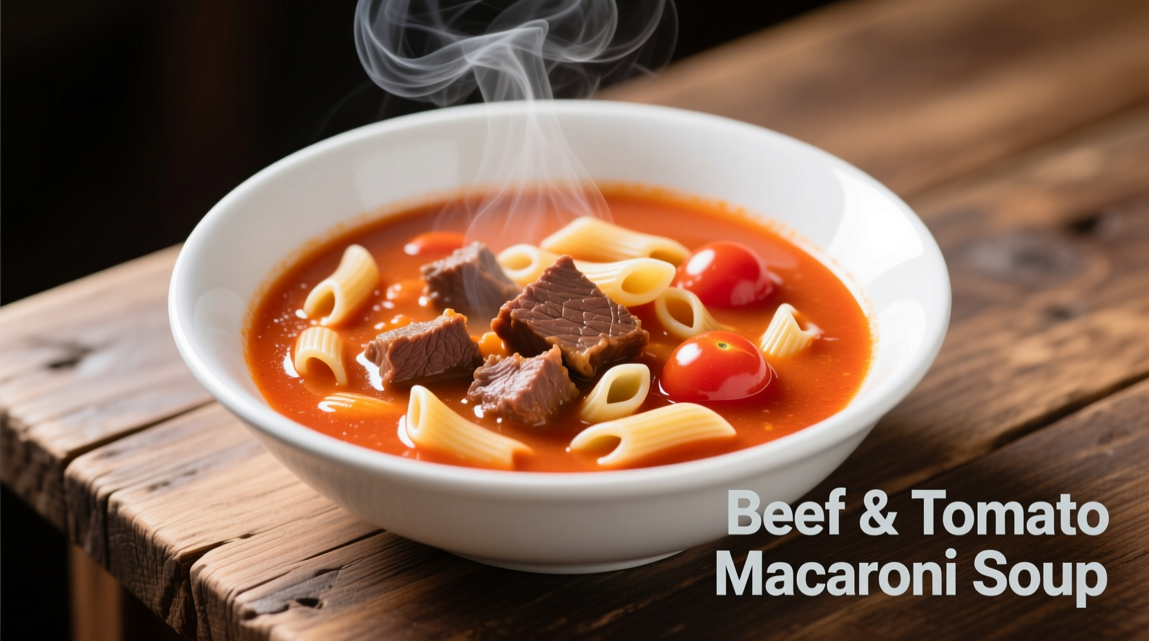 Beef and tomato macaroni soup in white bowl