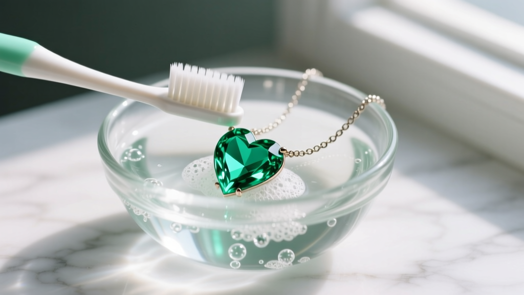 Soft toothbrush gently cleaning a peridot green heart necklace in a small glass bowl of soapy water, detailed macro photography.