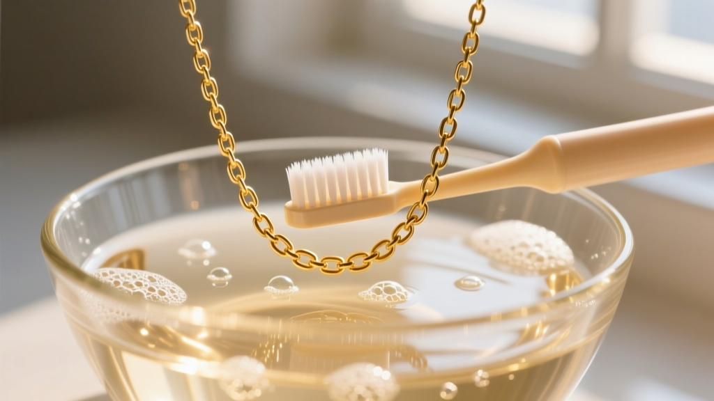 Soft baby toothbrush gently scrubbing a 14k gold box chain necklace over a glass bowl of warm soapy water, macro photography.