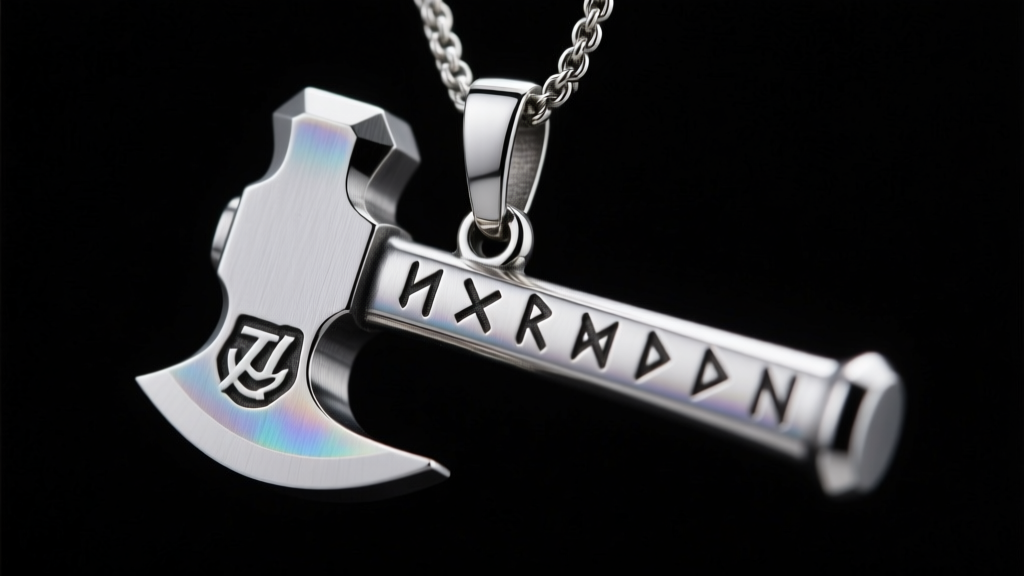 Macro shot of a Grade 5 titanium Thor hammer pendant featuring precise CNC milled runes against a dark matte background