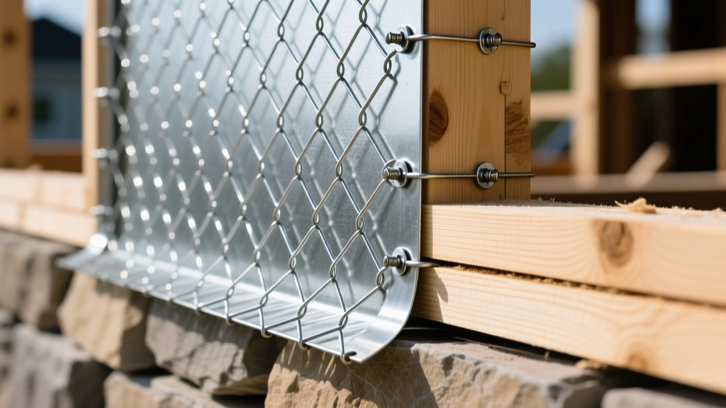 Close-up of galvanized diamond mesh metal lath being stapled over weather-resistive barrier on exterior wood framing for stone veneer