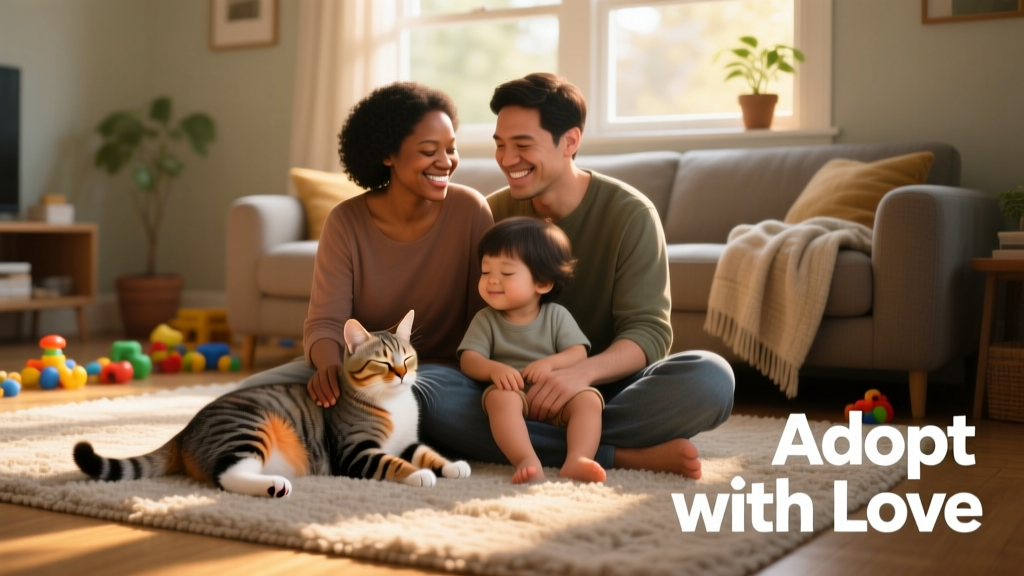 A smiling family sitting on the floor with their special needs cat — a three-legged tabby curled peacefully in a child's lap