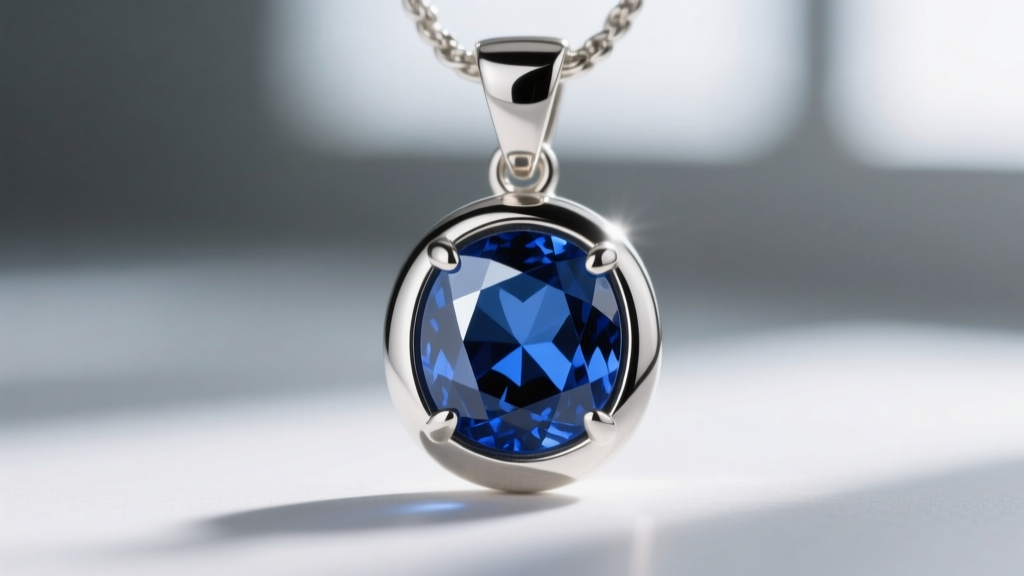 Close-up of a bezel-set sapphire in a handmade silver pendant showing the smooth metal rim securely holding the stone.