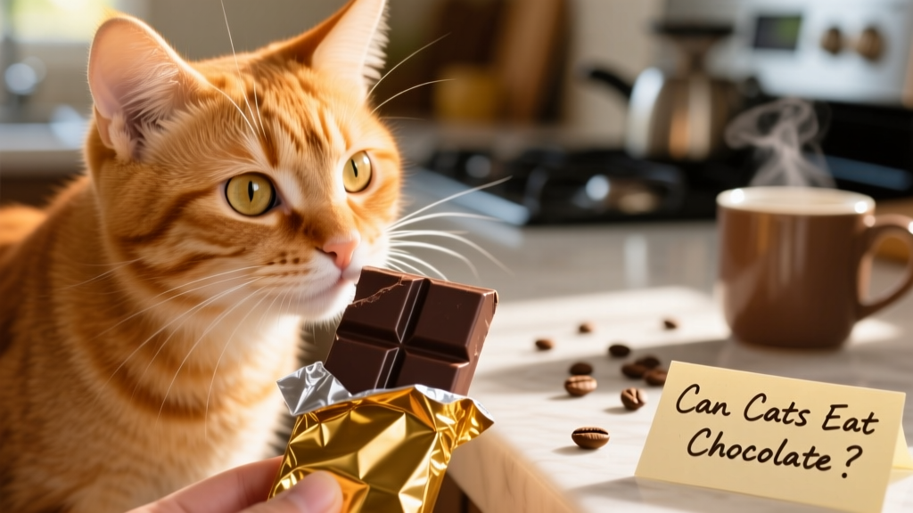 Close-up of a curious cat sniffing a chocolate bar wrapped in foil