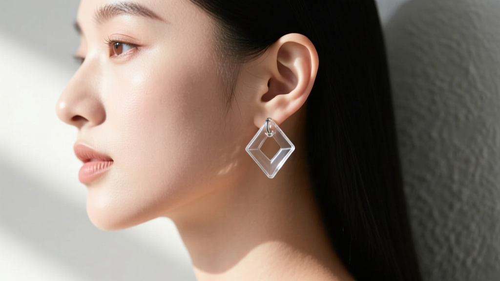 Side profile of a woman with sensitive earlobes wearing a clear glass retainer earring, demonstrating a hypoallergenic healing setup