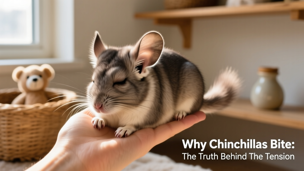 A calm chinchilla resting on a hand while being gently scratched behind the ears