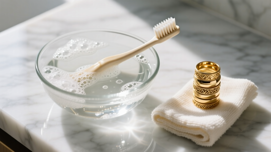 Overhead view of a glass bowl with soapy water, soft toothbrush, and cloth on a marble counter next to stacked 18k gold rings.