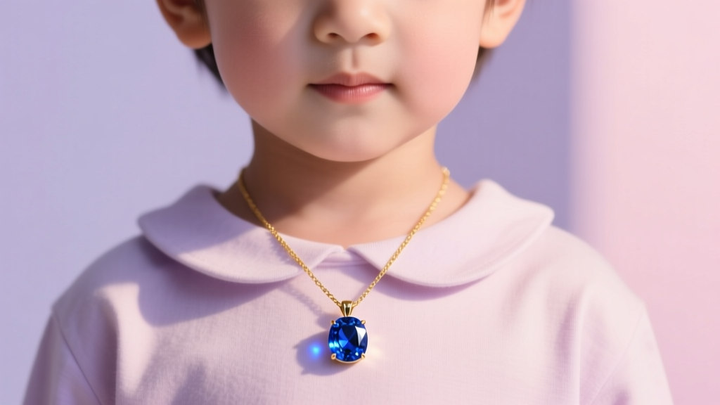 Child wearing a 14k gold necklace with a glowing blue sapphire birthstone pendant resting on a soft pastel cotton shirt collar.