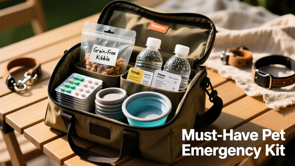 A neatly packed pet emergency kit with labeled food pouches, water bottles, medication blister packs, and bowls stacked in a durable tote
