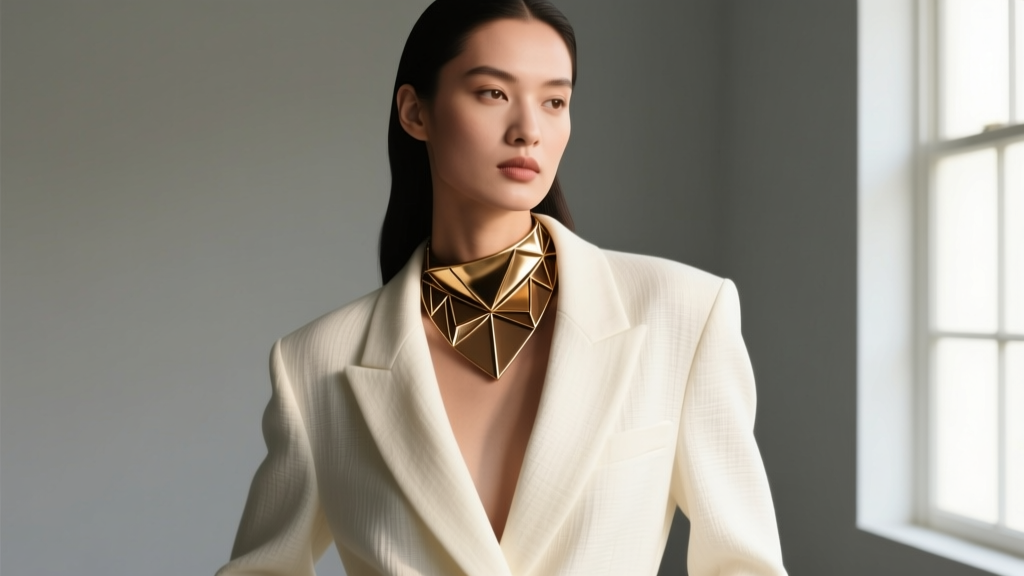 A model wearing an asymmetric bronze and gold collar necklace over an ivory linen blazer in soft directional studio lighting.