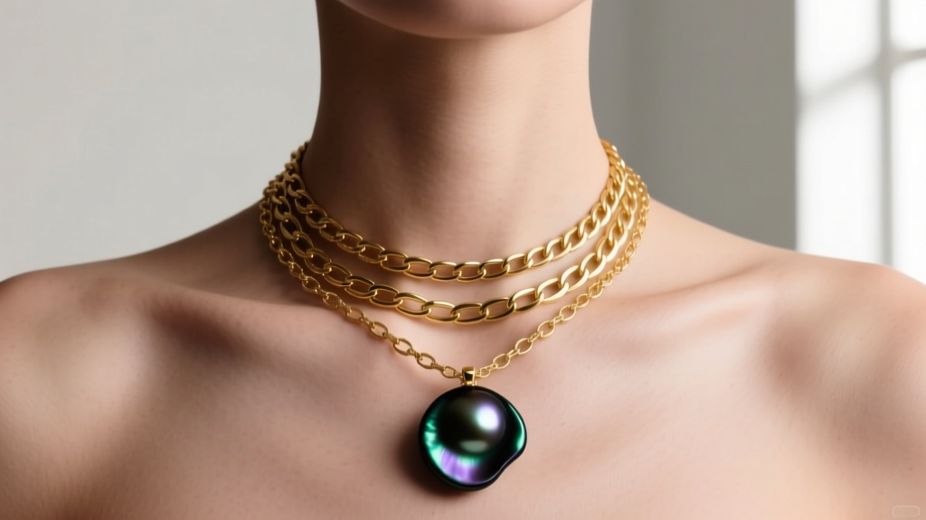 Model wearing layered 14k gold chain and single dark Tahitian baroque pearl pendant, shot from collarbone up in natural daylight