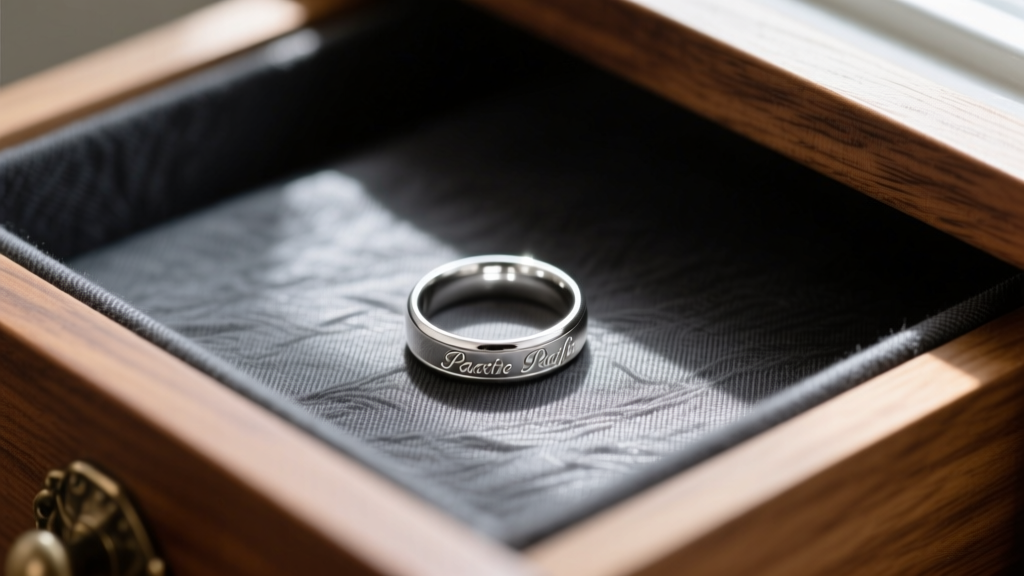 Macro shot of anti-tarnish Pacific cloth lining a cedar drawer, with a sterling silver ring resting on the dark grey fabric