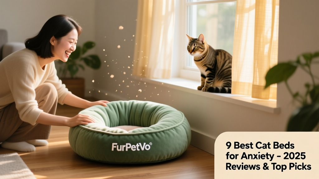 Happy cat owner gently placing a FurPetVo donut bed beside a window perch, with sunlight filtering in